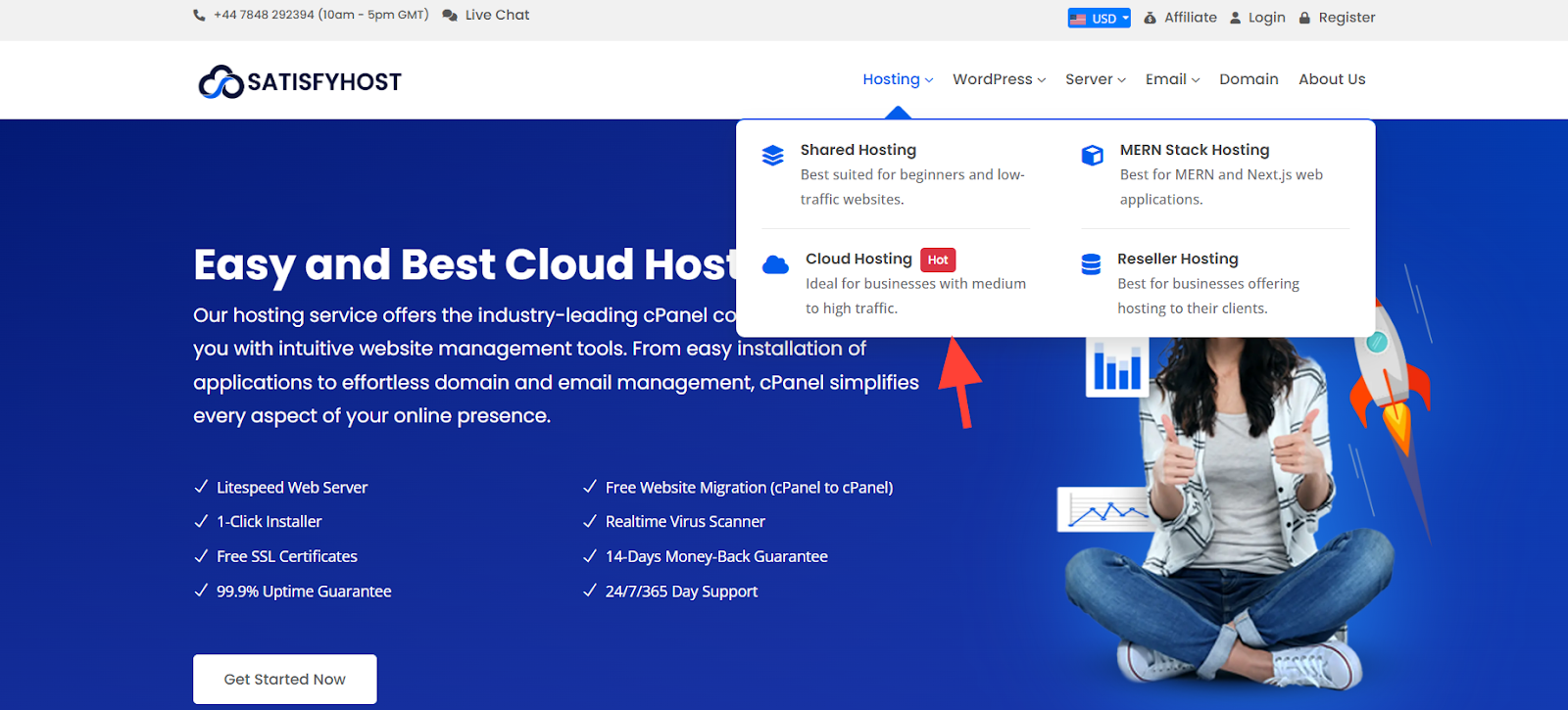 screenshot of the Cloud Hosting button