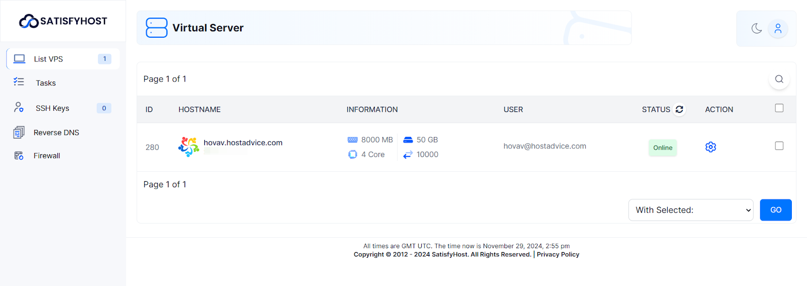 screenshot of the control panel