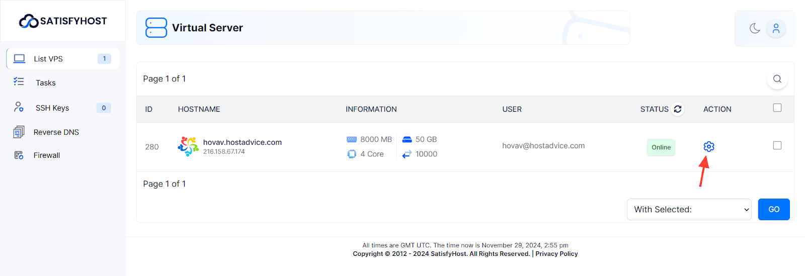 screenshot of the control panel with highlighted a Settings button
