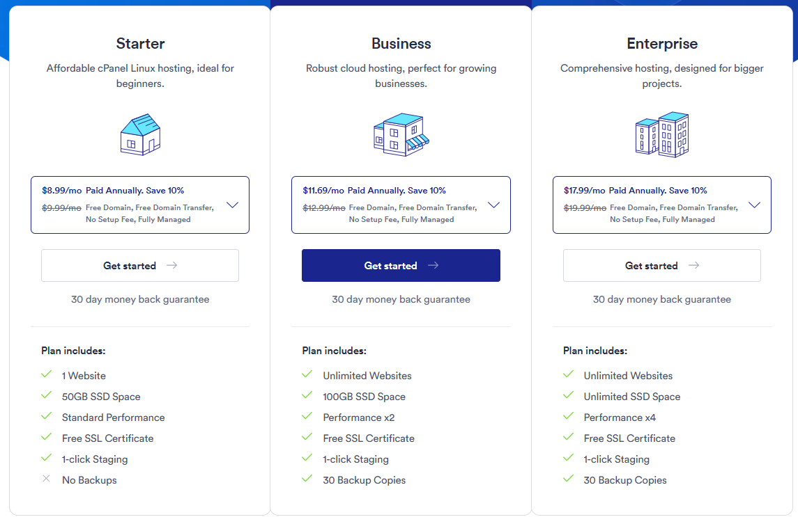 screenshot of the hosting plans