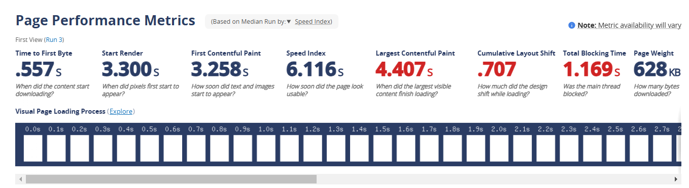 screenshot of Page Performance Metrics test results
