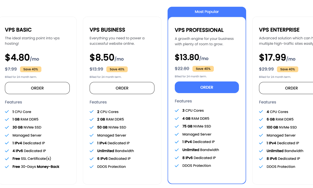 screenshot of the VPS Hosting plans