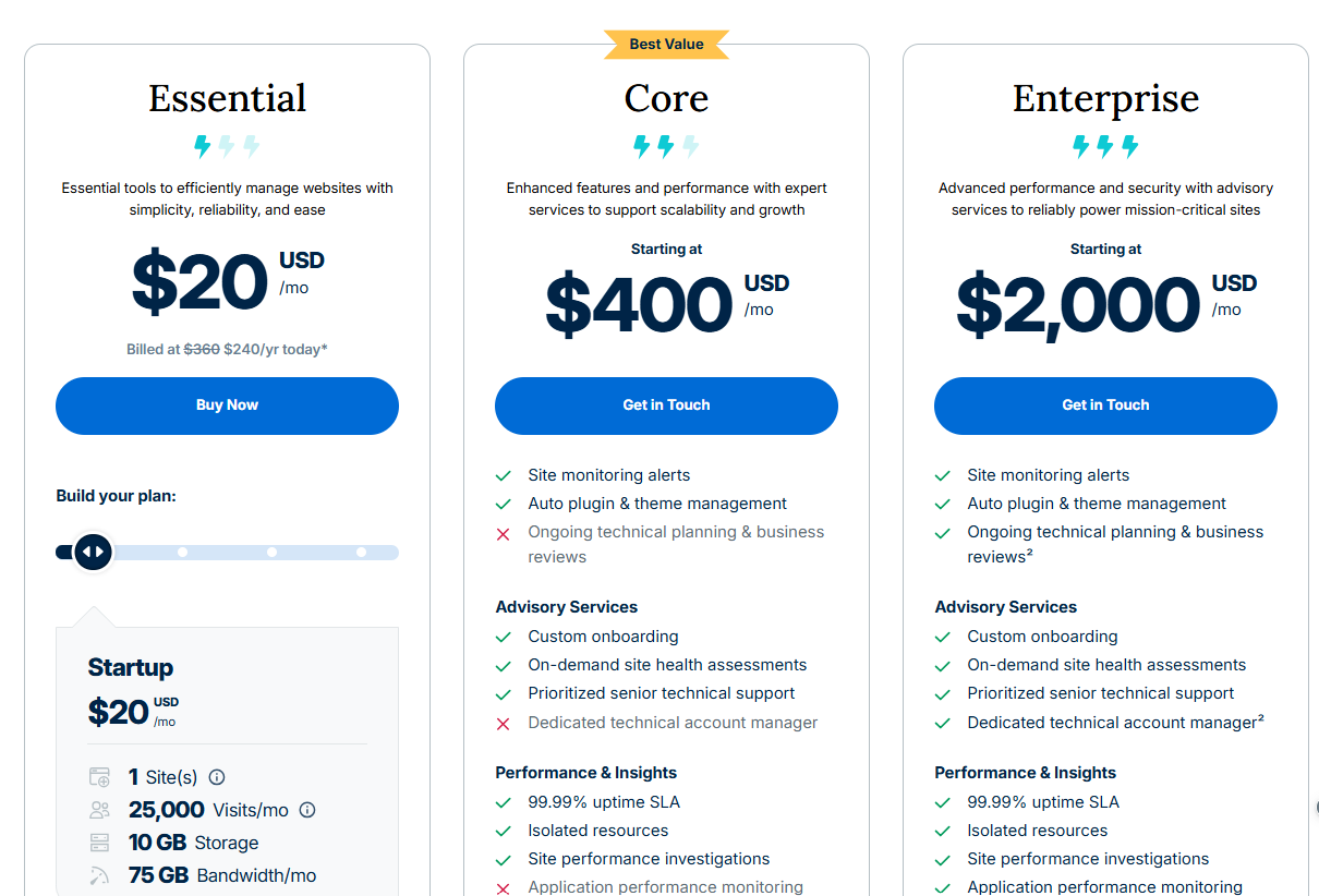 screenshot of the WordPress hosting plans
