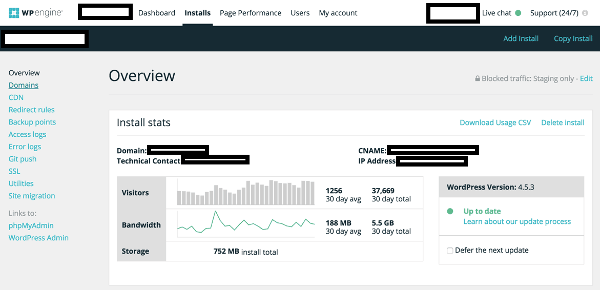 screenshot of the WP Engine Control Panel
