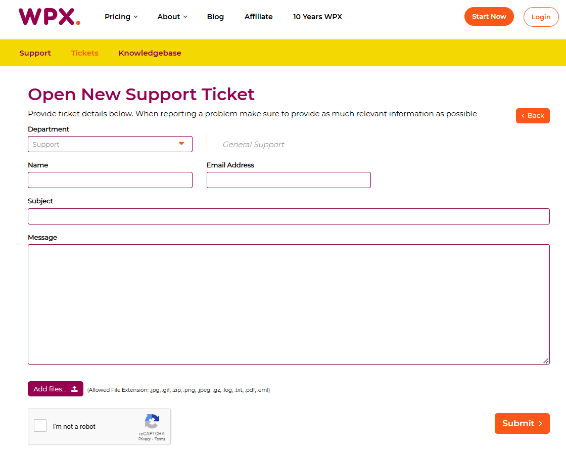 schermata della pagina di supporto tramite ticket