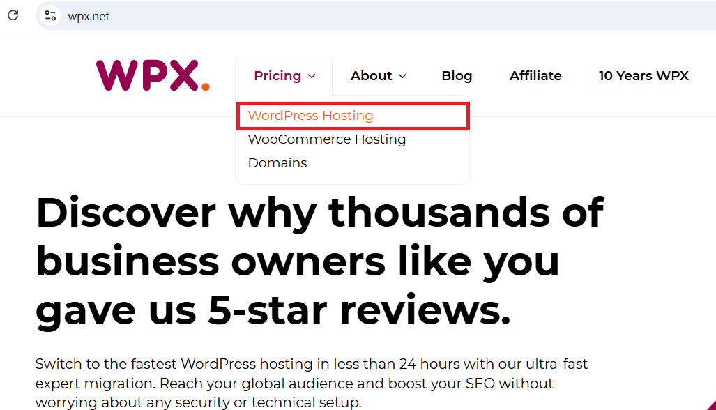 schermata del pulsante WordPress Hosting