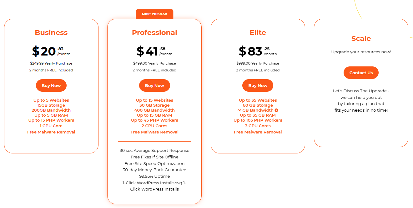 schermata dei piani di WordPress Hosting