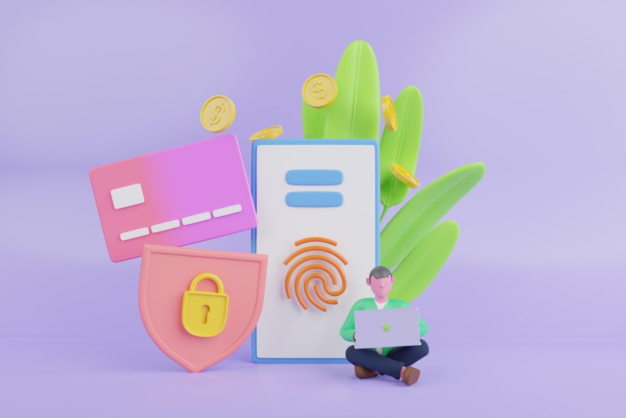 3D Image of a secured online payment transaction with smartphone.