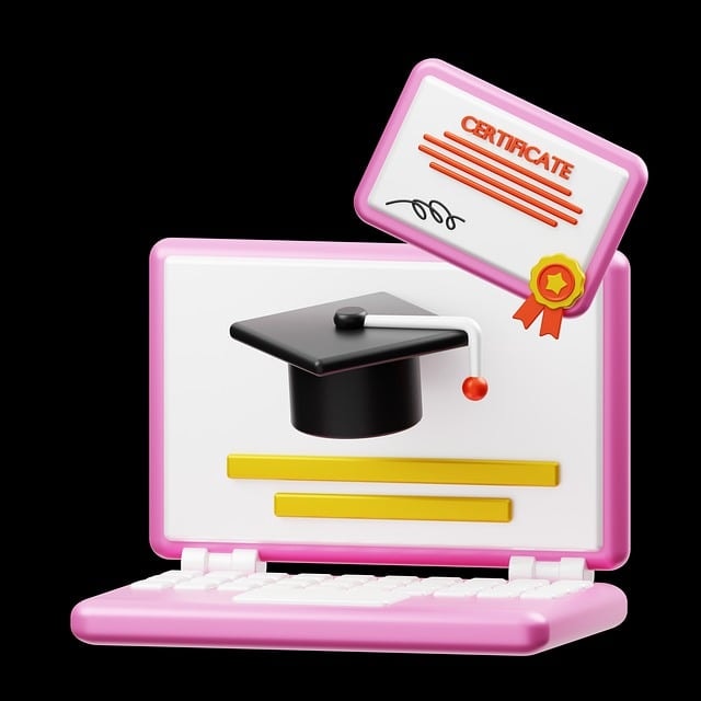 3D illustration of online course concept with laptop, graduation hat and certificate.