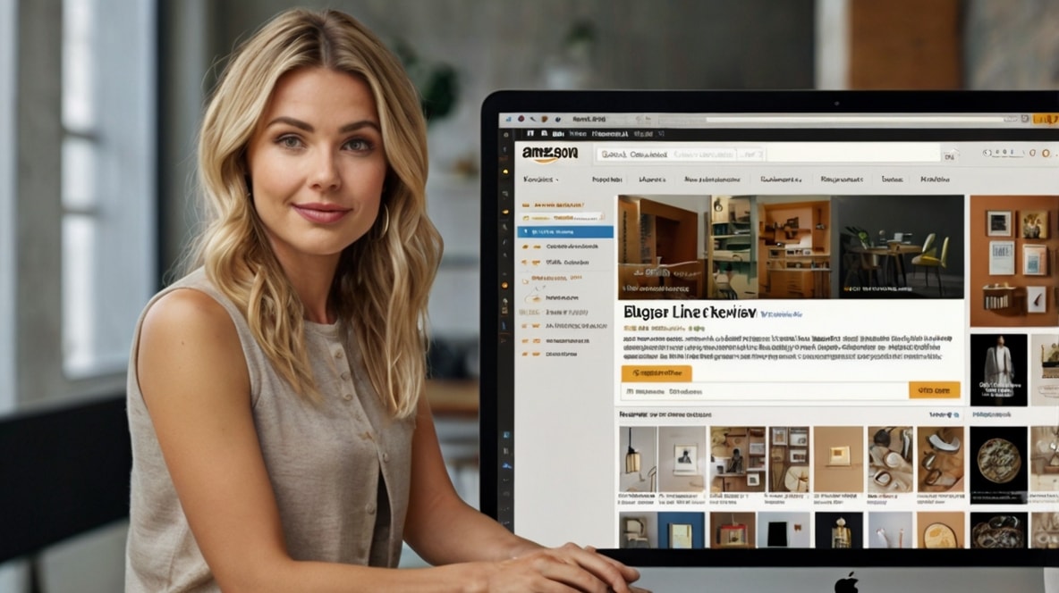 A blogger next to a computer showing ecommerce products.