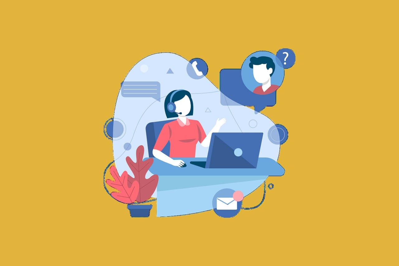 A cartoon-style female customer representative with a headset sits at a laptop.