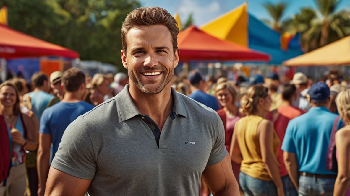 A confident man standing in front of a crowd at an event.