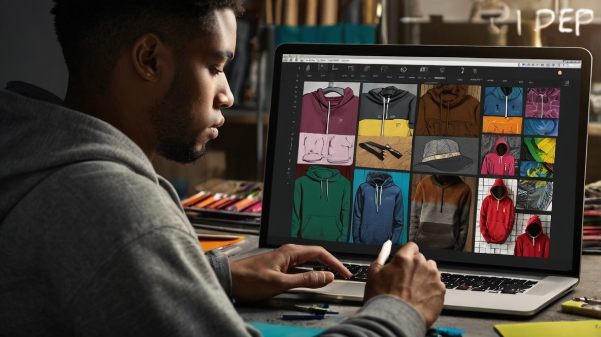 A man is designing hoodies.