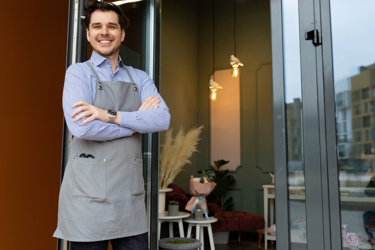 A man is waiting to greet customers next to the door of his shop.