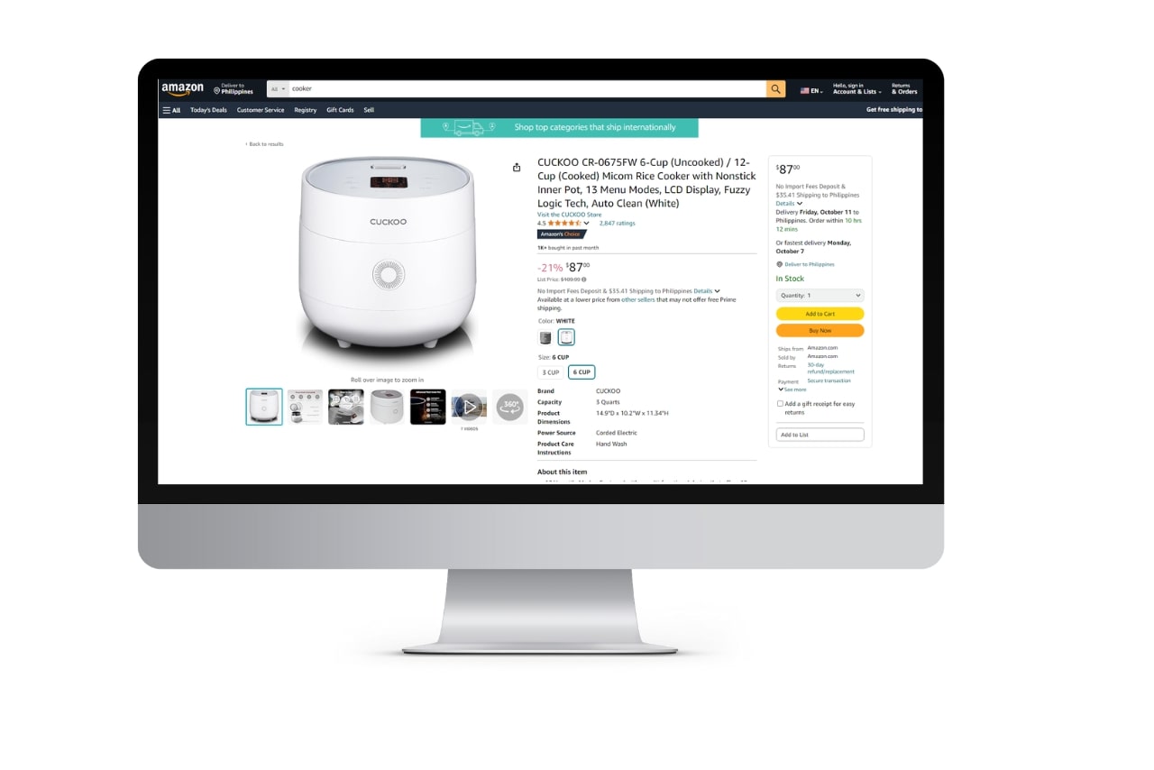 A rice cooker featured in Amazon's product listings, showcasing its details, price, and customer reviews.