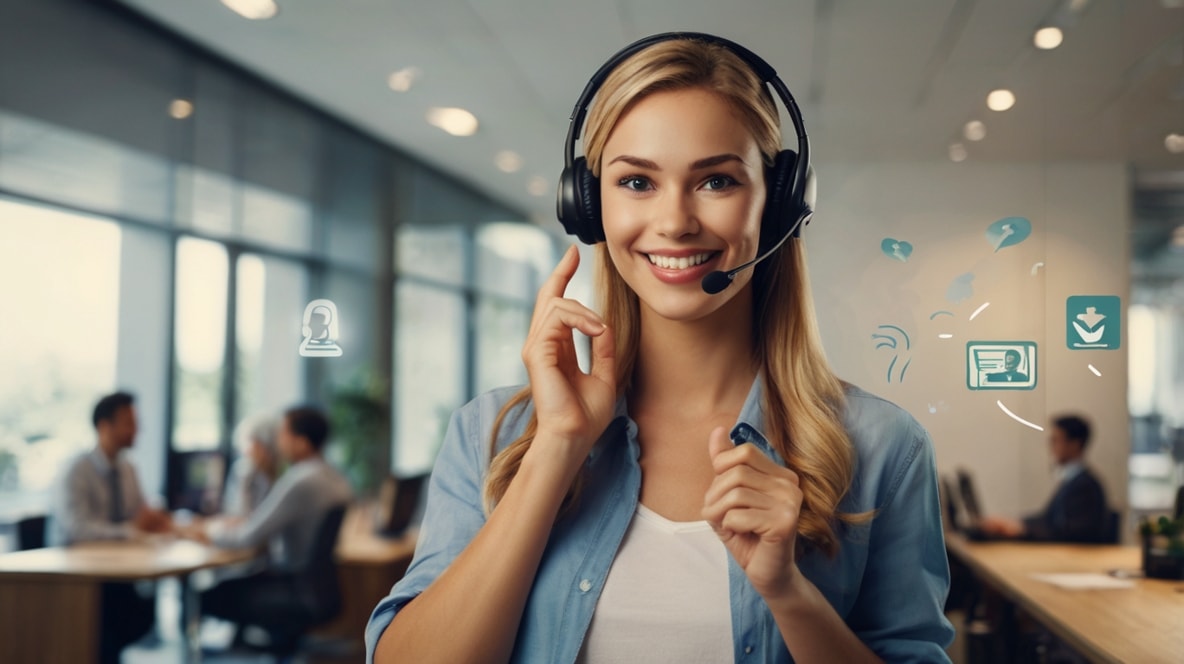 A smiling representative wearing a headset, engaging with a customer through a phone call.