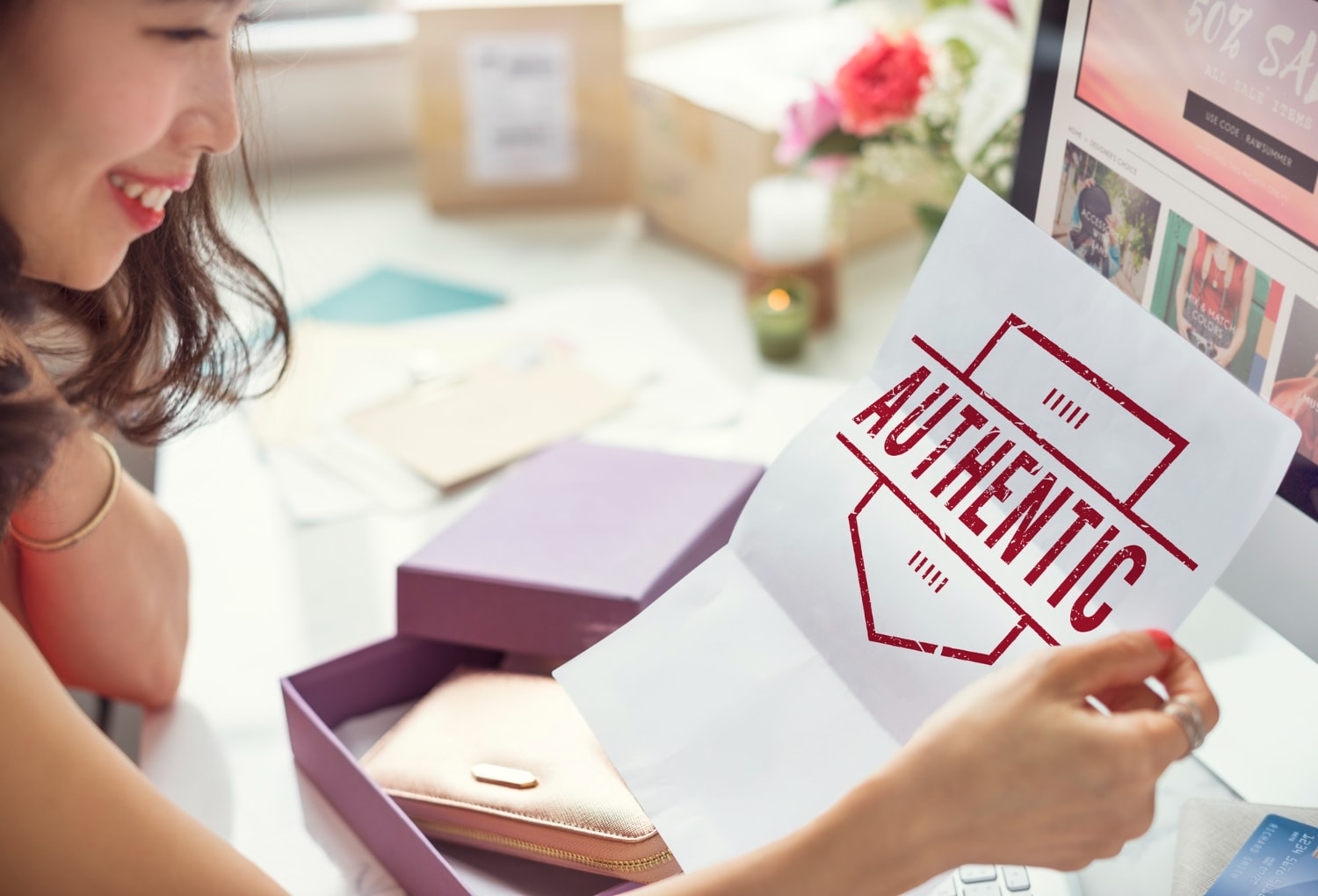 A woman is holding a paper with word Authentic.