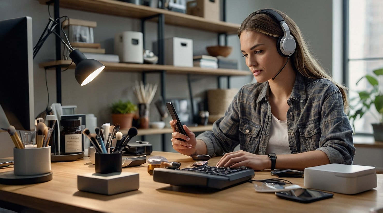 A woman with headphones on a work desk.