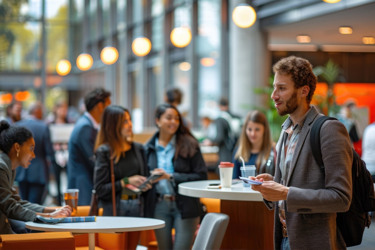 Adult man attending a local networking event wearing semi-casual and business attire.