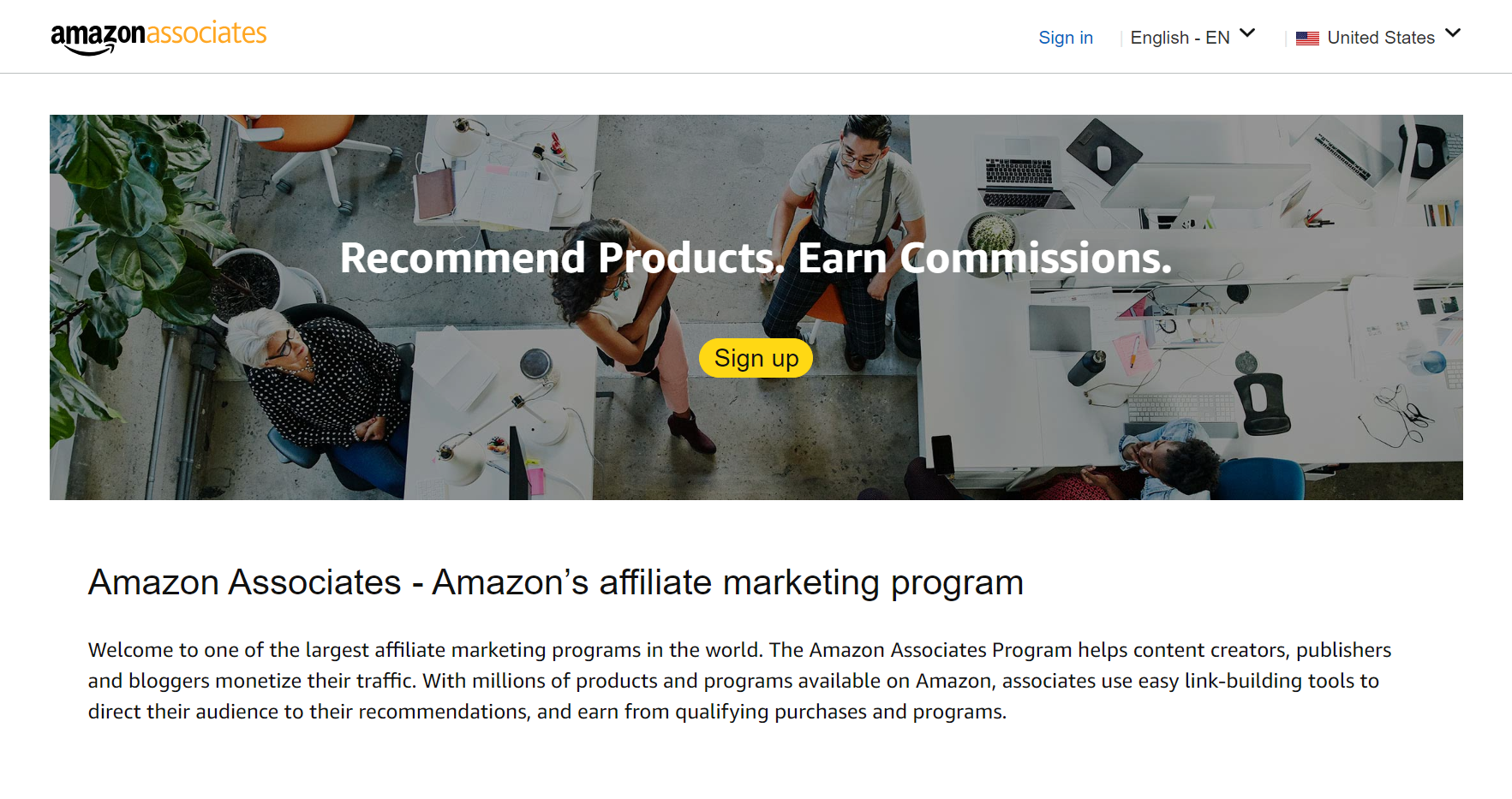 Amazon associates program website homepage.