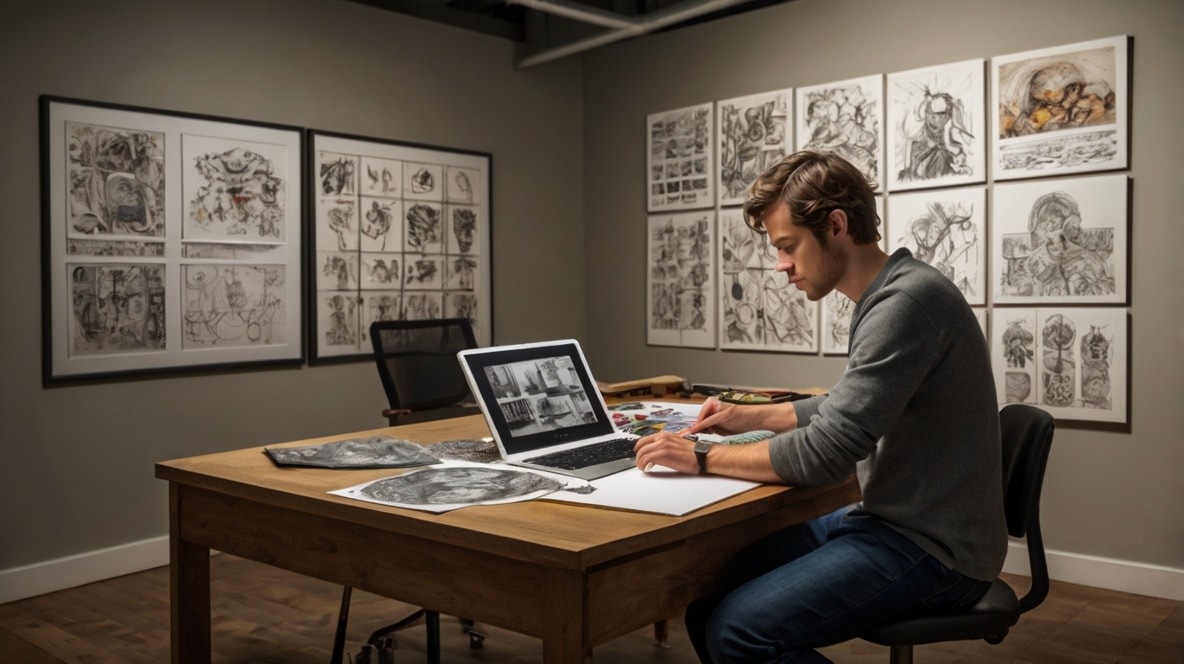 An artist curating his website.