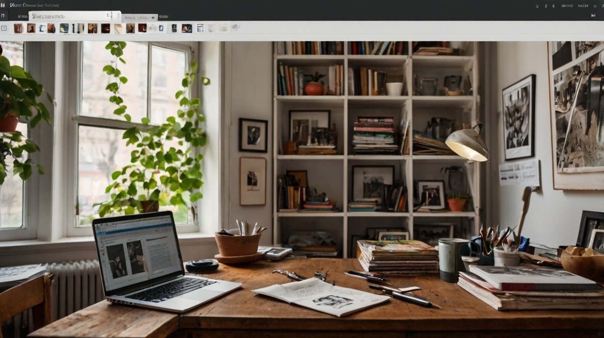An artist's room with a laptop on the desk.