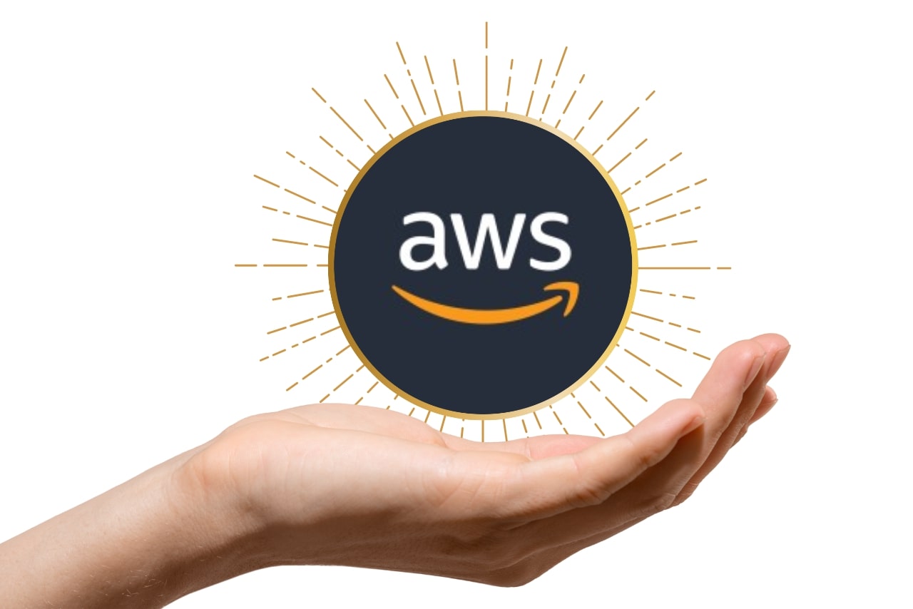 An open hand is shown displaying the Amazon Web Services (AWS) logo.