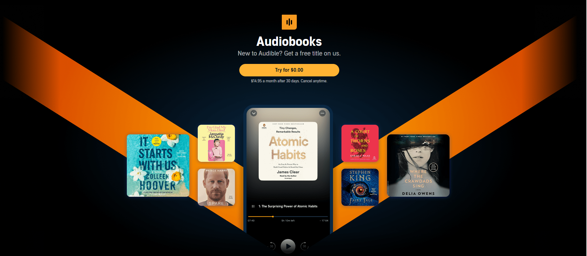 Audible's audiobooks page displayed on their website.