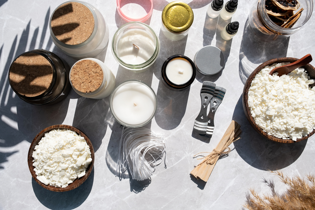 Bowls of wax and other ingredients to make candles.