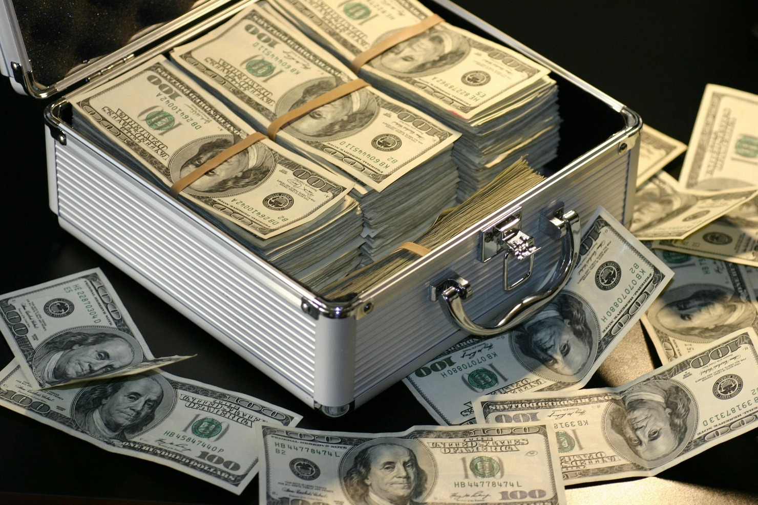 Briefcase filled with bundles of cash.
