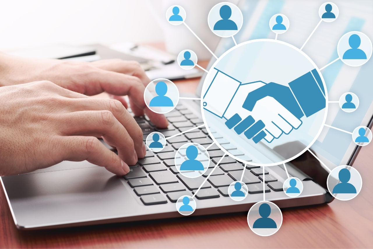 Businessman sending message by laptop and concept of online people network.