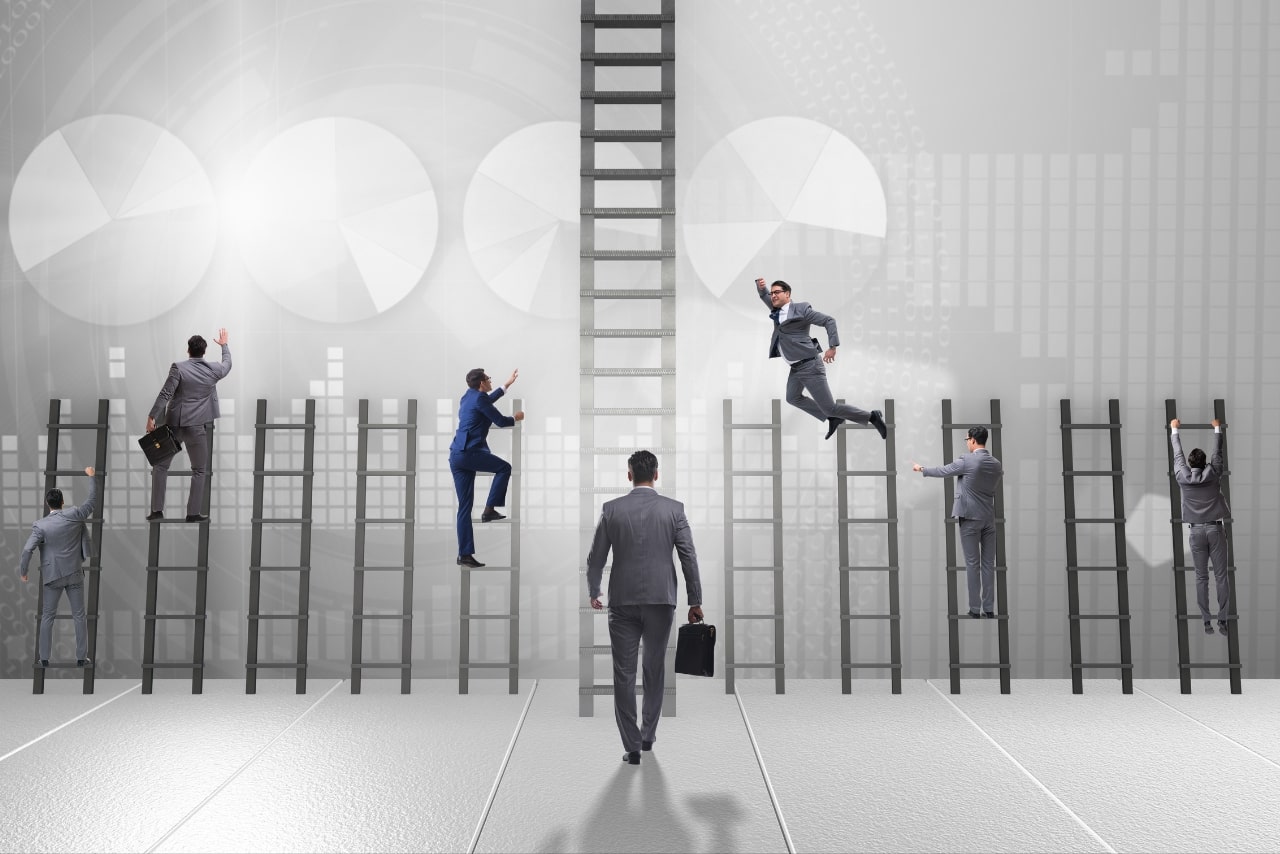 Competition concept with businessmen beating competitors raising to the top.