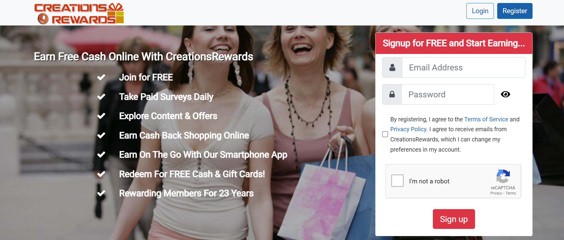 Creation Rewards website homepage.