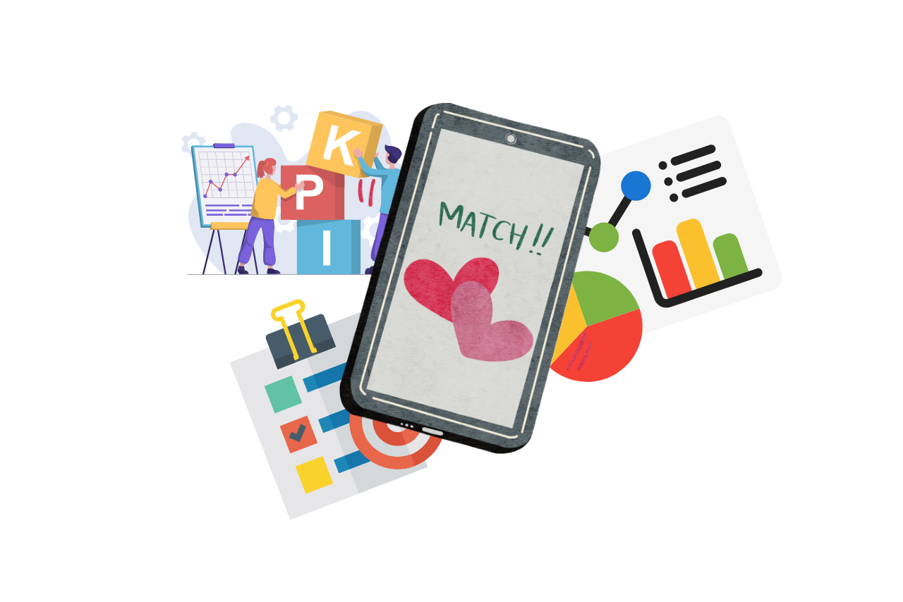 Dating app illustration with other icons measuring its performance.