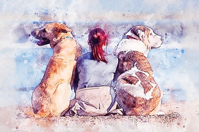 Drawing of red headed woman with two dogs beside her.