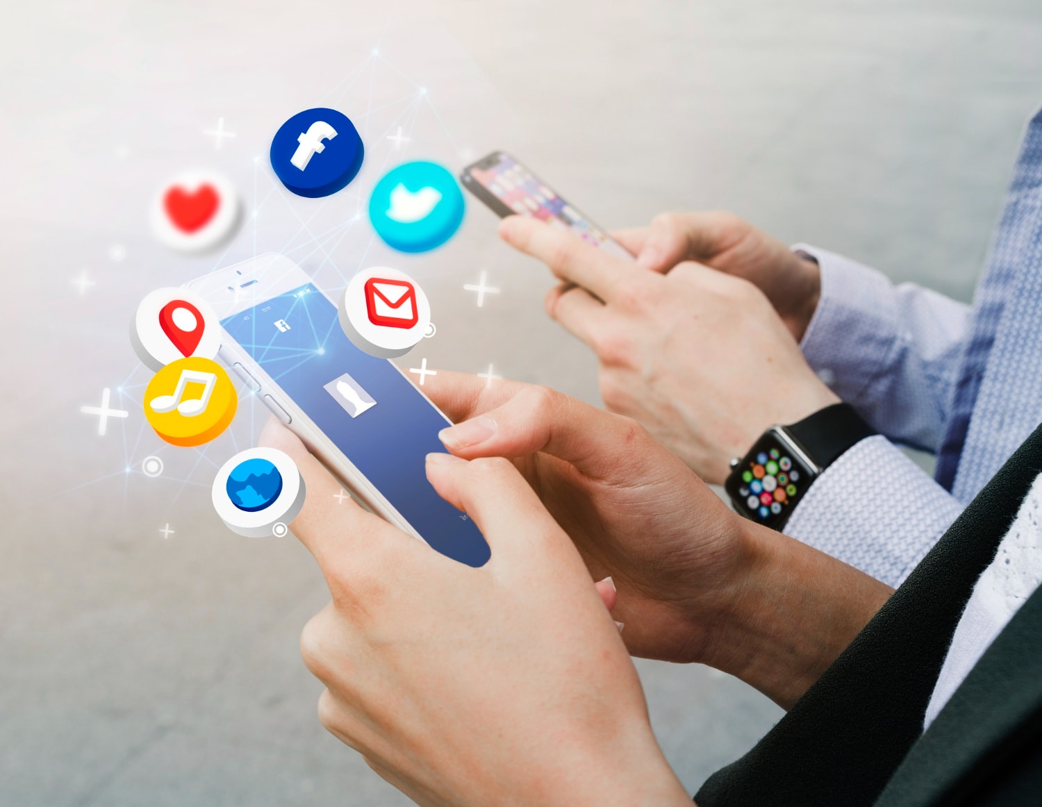 Hands holding smartphone - social media concept.