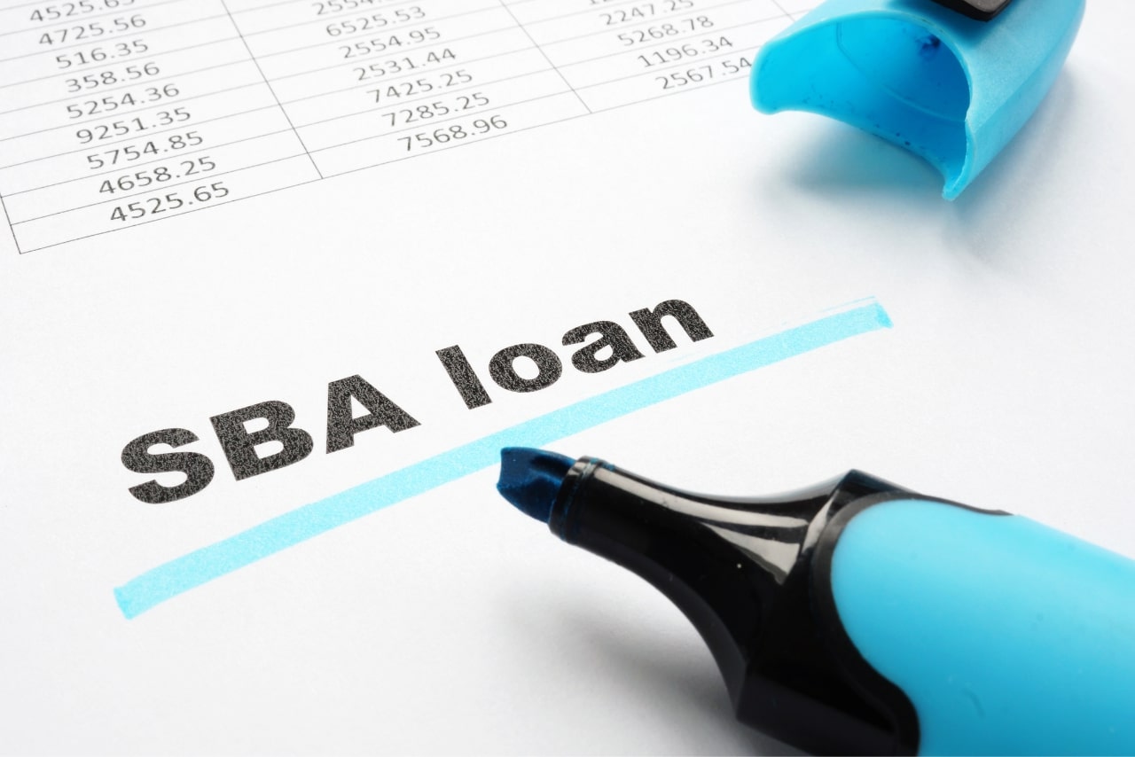 Highlighter on paper with text SBA loan.