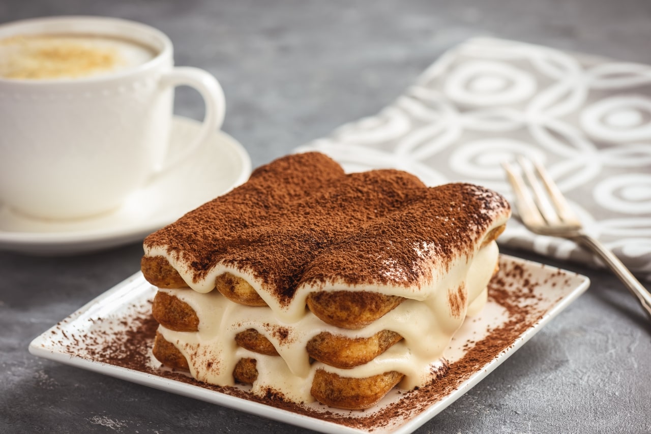 Homemade tiramisu cake, an Italian dessert.