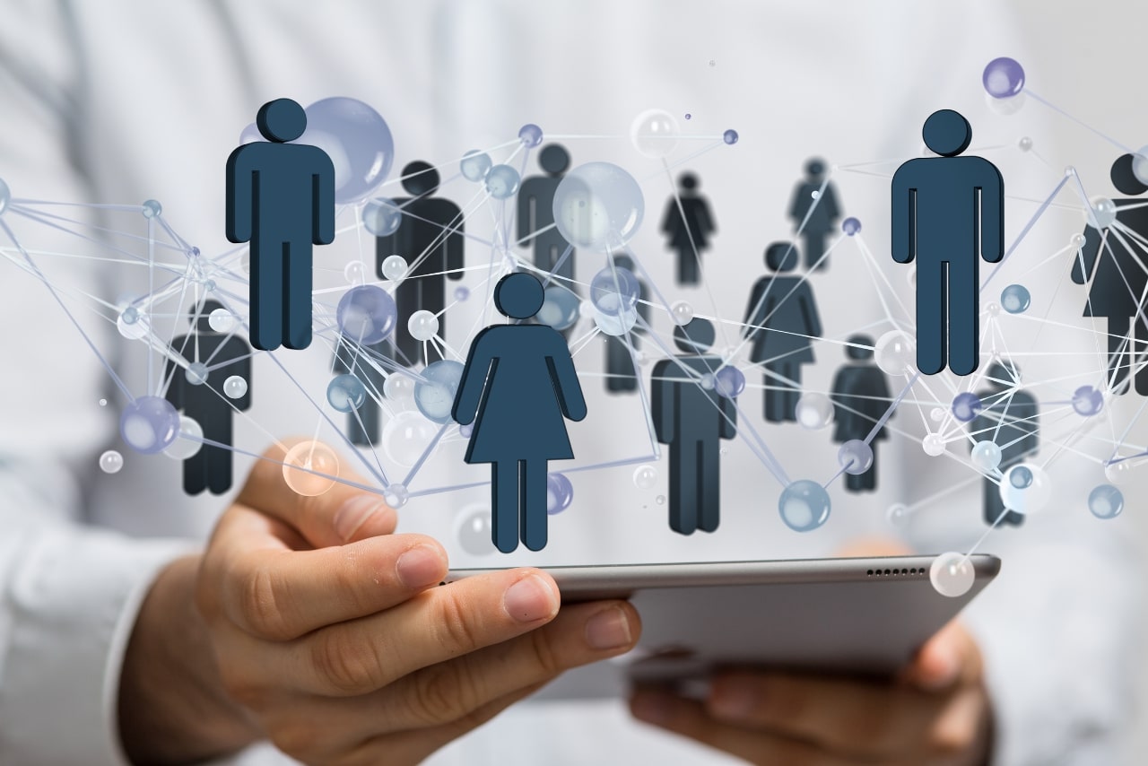 Illustration of a women and men figures connected to form a network. 