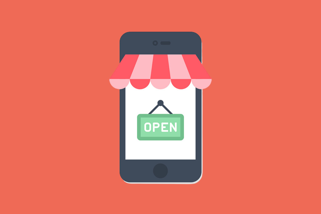 Illustration of an online store concept: smartphone with open sign in orange background.