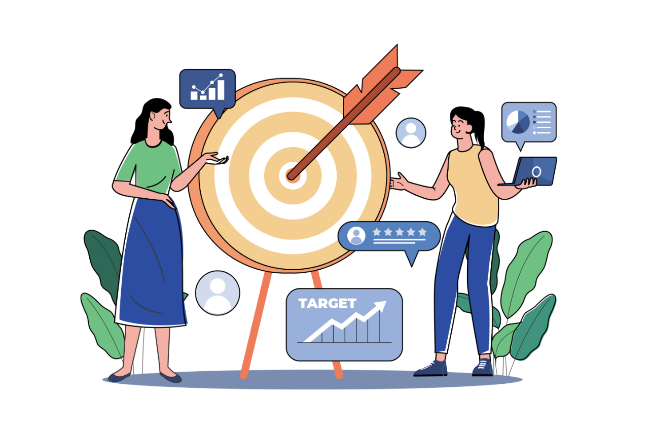 Illustration showing two female pointing to a large dart signifying target audience.