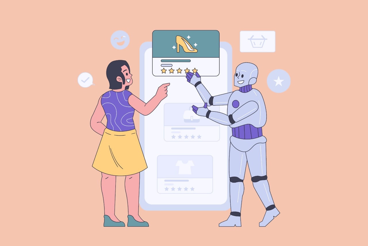 Illustrative AI assisting shopper which item to shop on her phone.