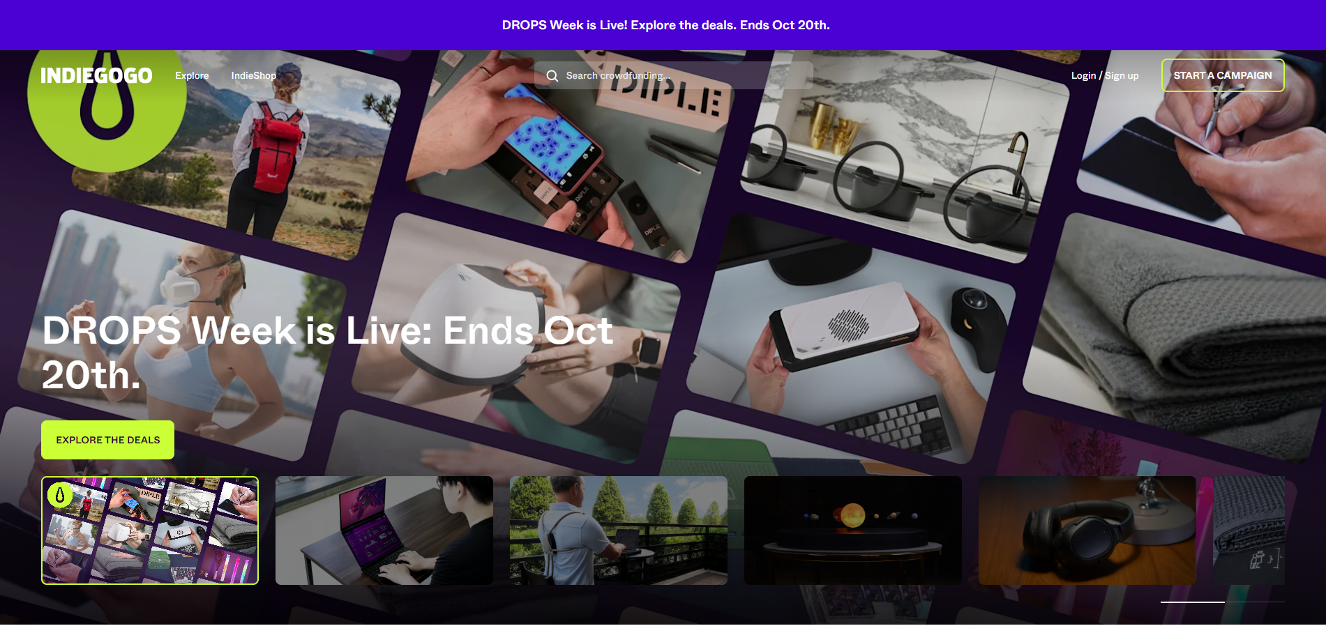 Indiegogo's home page image.