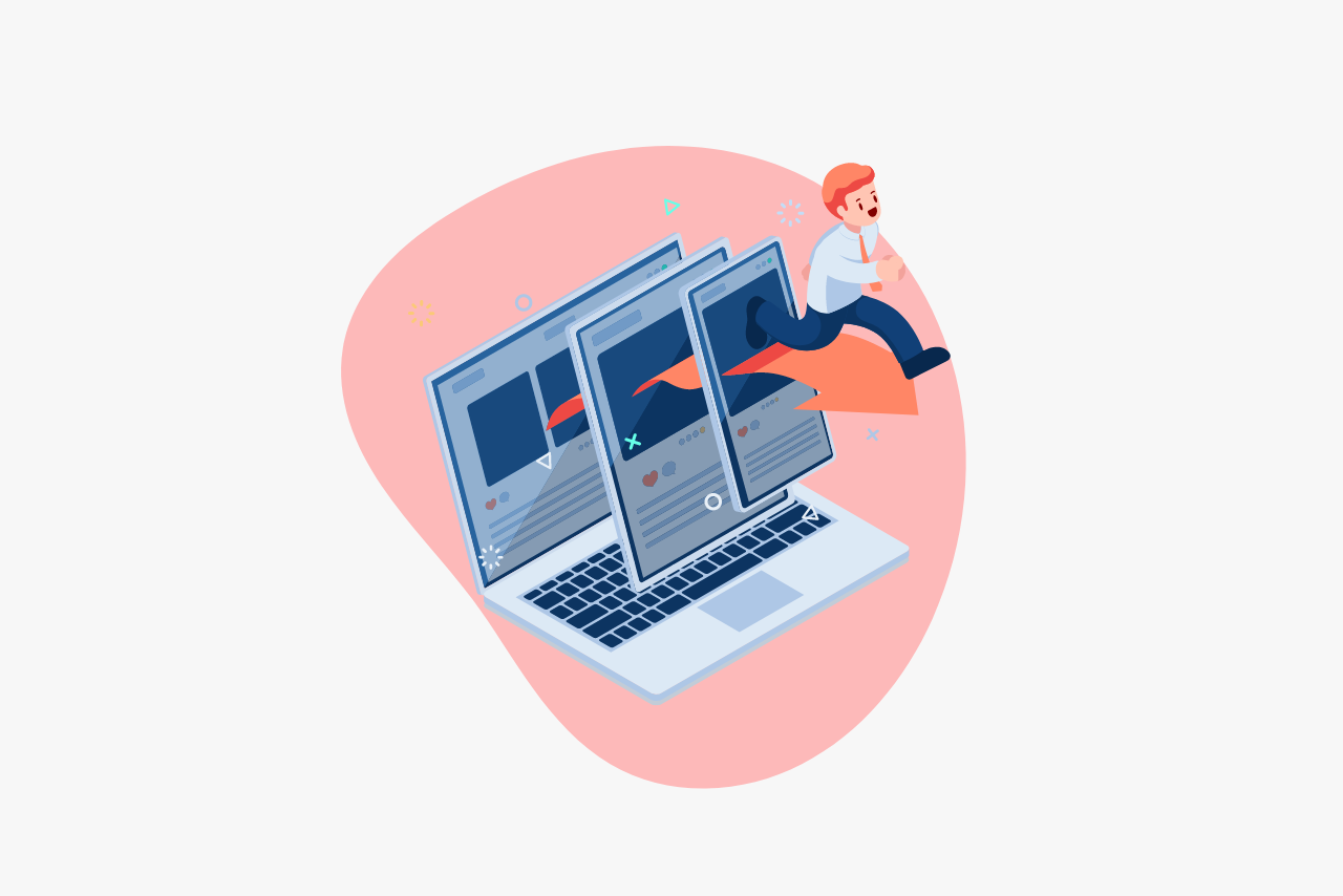 Isometric Businessman Running through Application on Different devices.