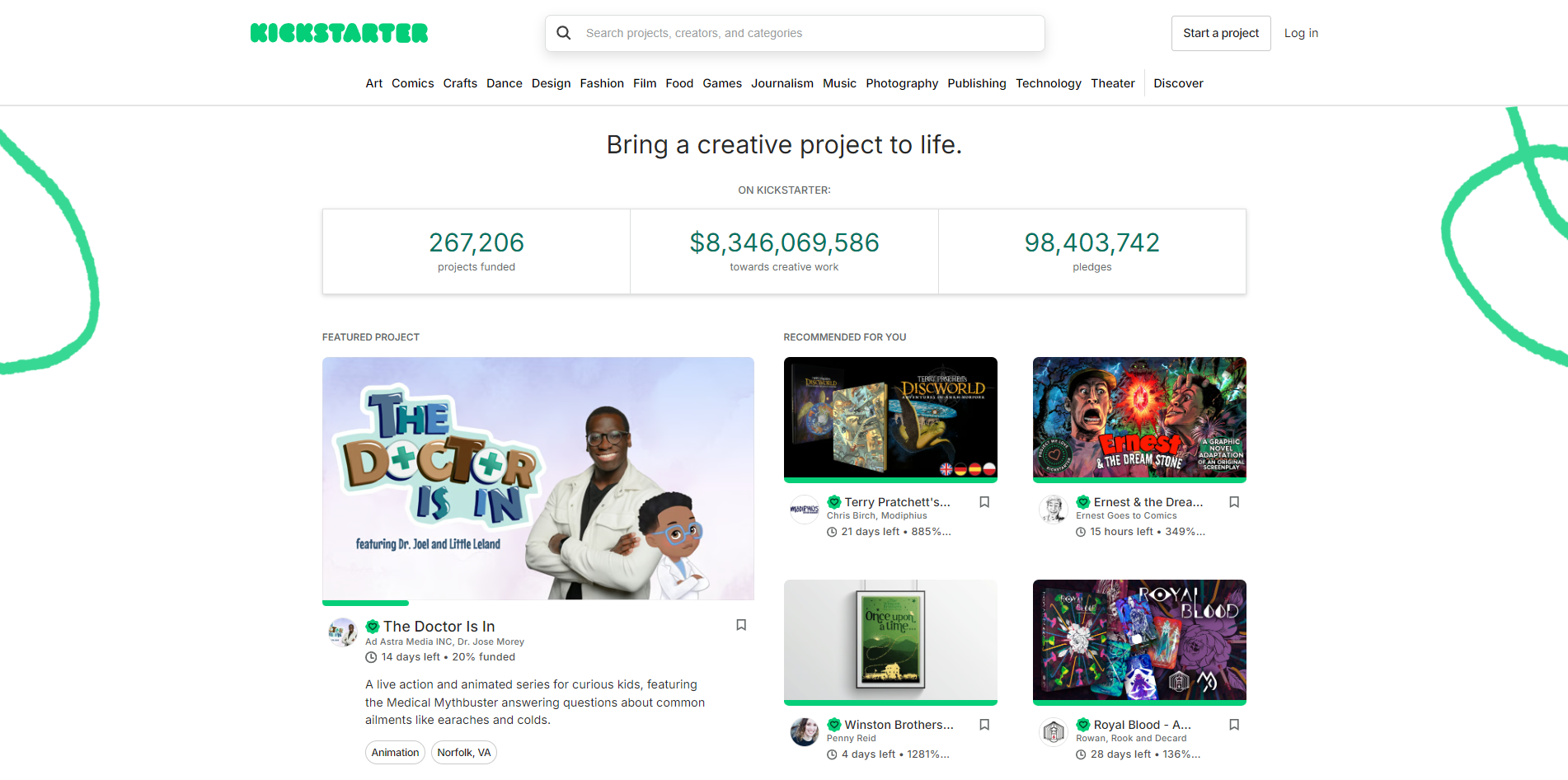 Kickstarter homepage website.