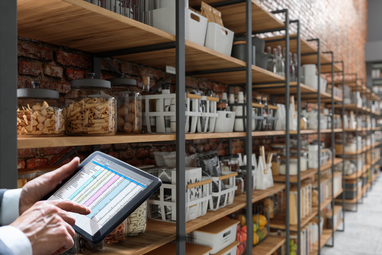 Male person managing inventory using spreadsheet from tablet.