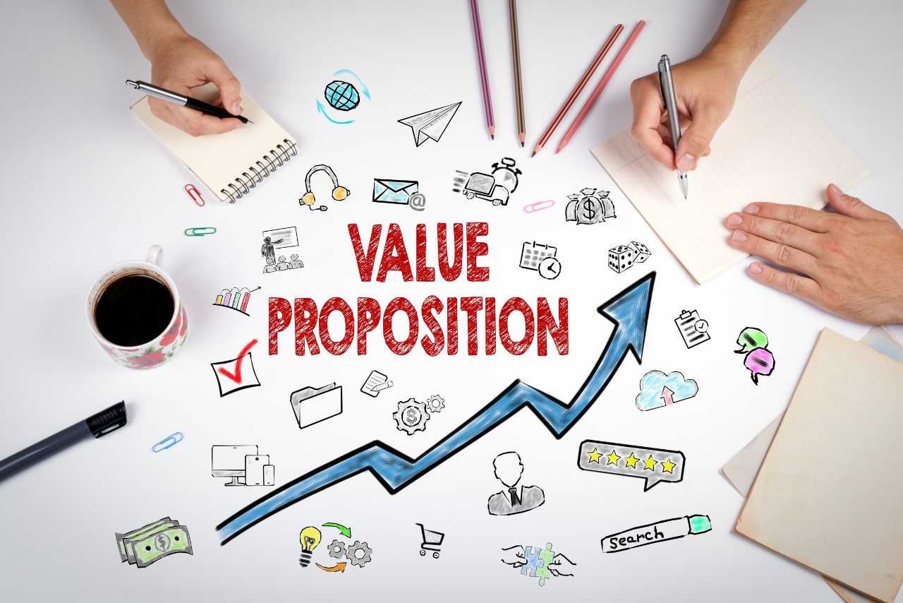Meeting at the white office table with words Value Proposition.