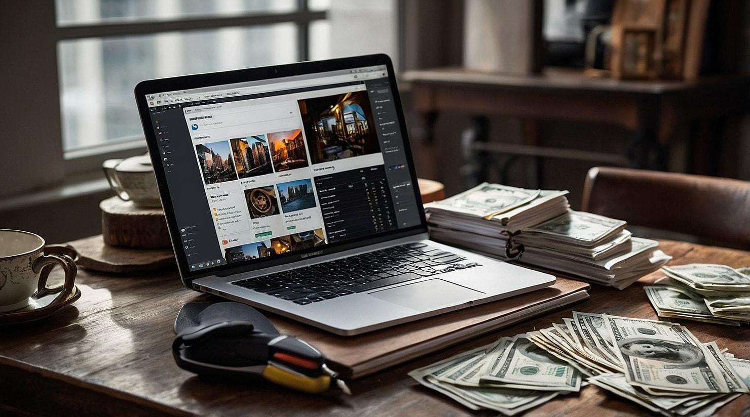 Money around a laptop.