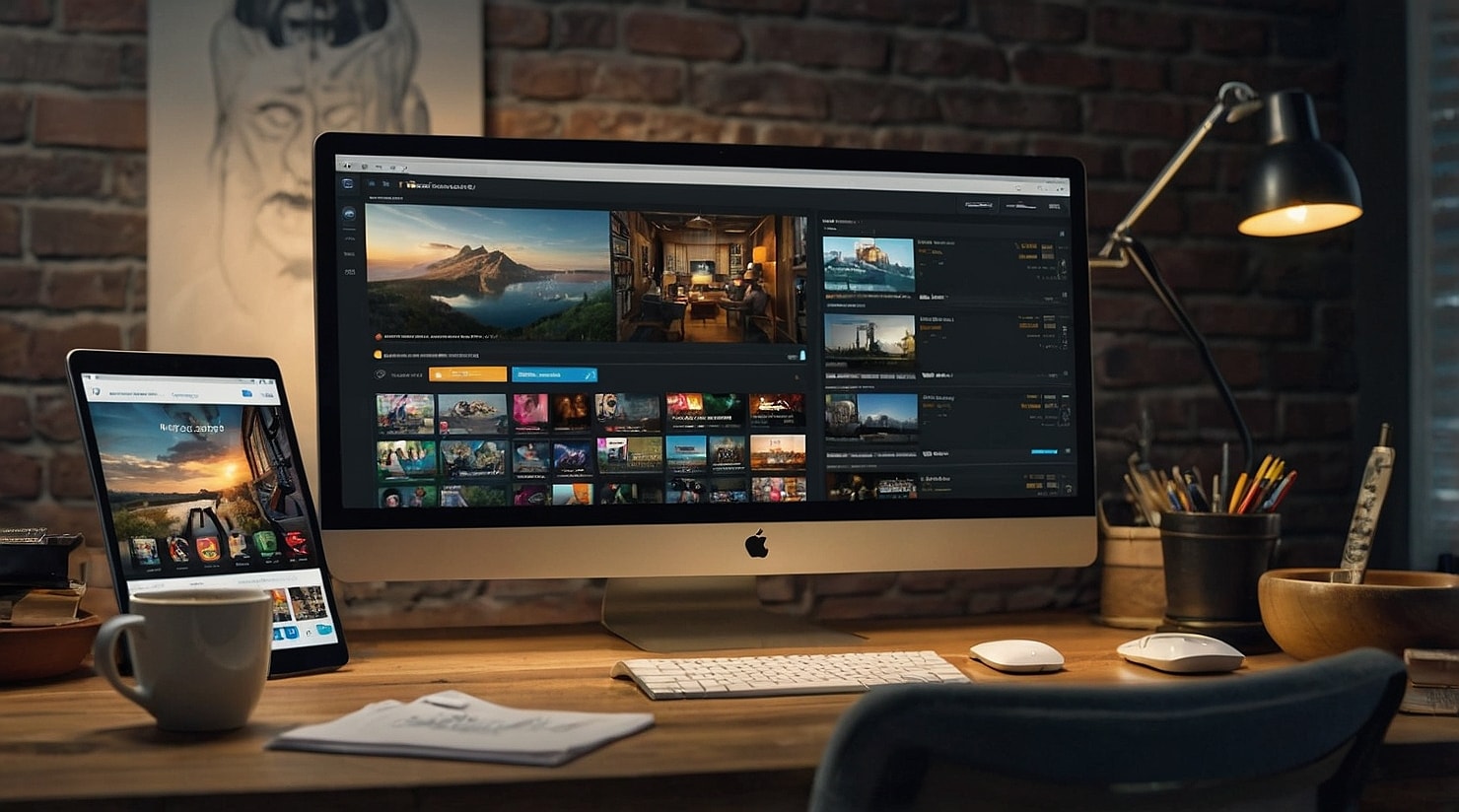 Movie thumbnails on a phone screen and a monitor.