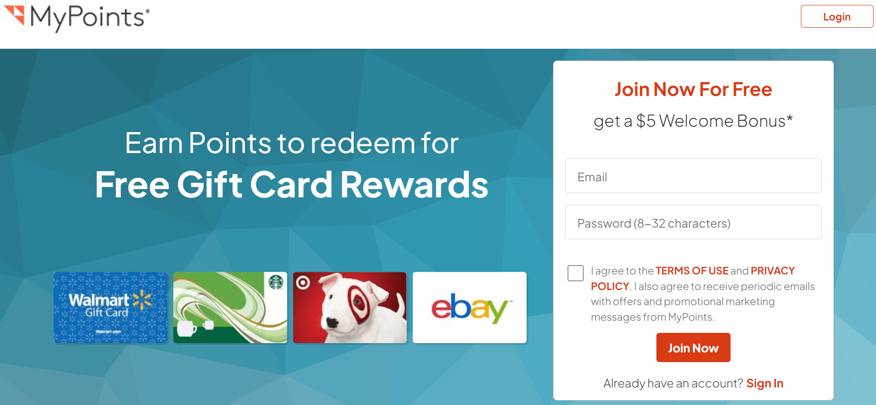 MyPoints website homepage.